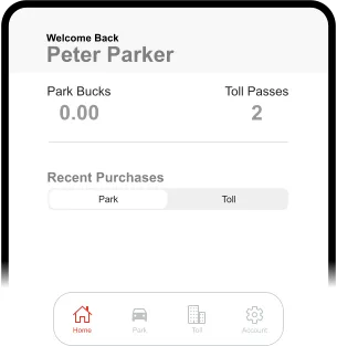 The app home screen showing a Park Bucks balance, Toll Passes and recent purchases
