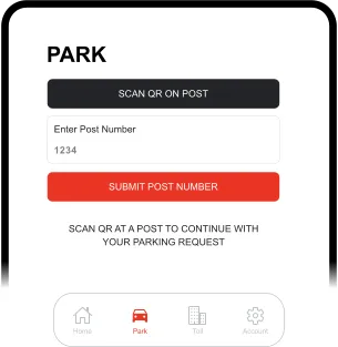 The app Park screen with a QR scanner and a post number field