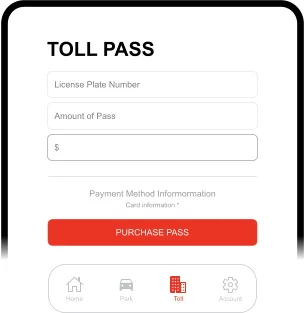 The app Toll Pass screen with license plate, quantity and payment fields