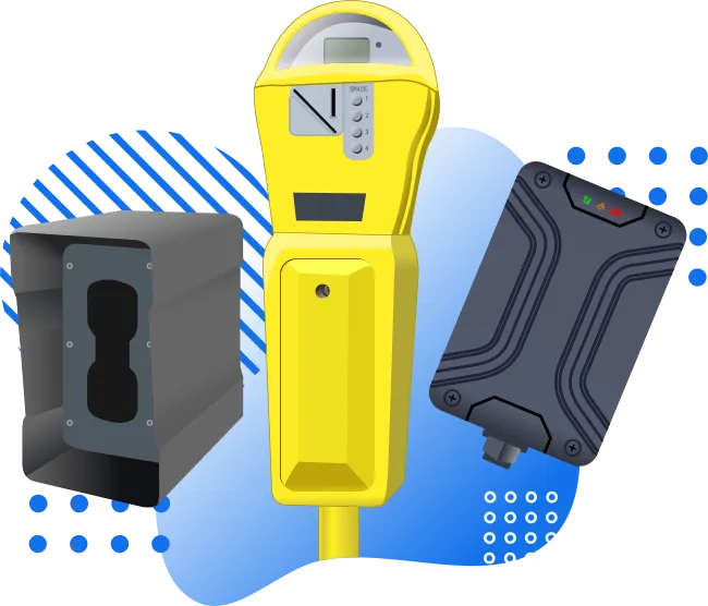 A parking meter, an LPR camera housing and a GPS tracking unit